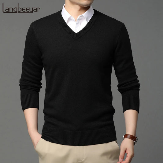 2023 High Quality New Fashion Brand Woolen Knit Pullover V Neck Sweater Black For Men Autum Winter  Casual Jumper Men Clothes